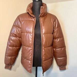 Sam Edelman Womens XS Faux Leather Puffer Jacket Brown Quilted Zip Coat XS
